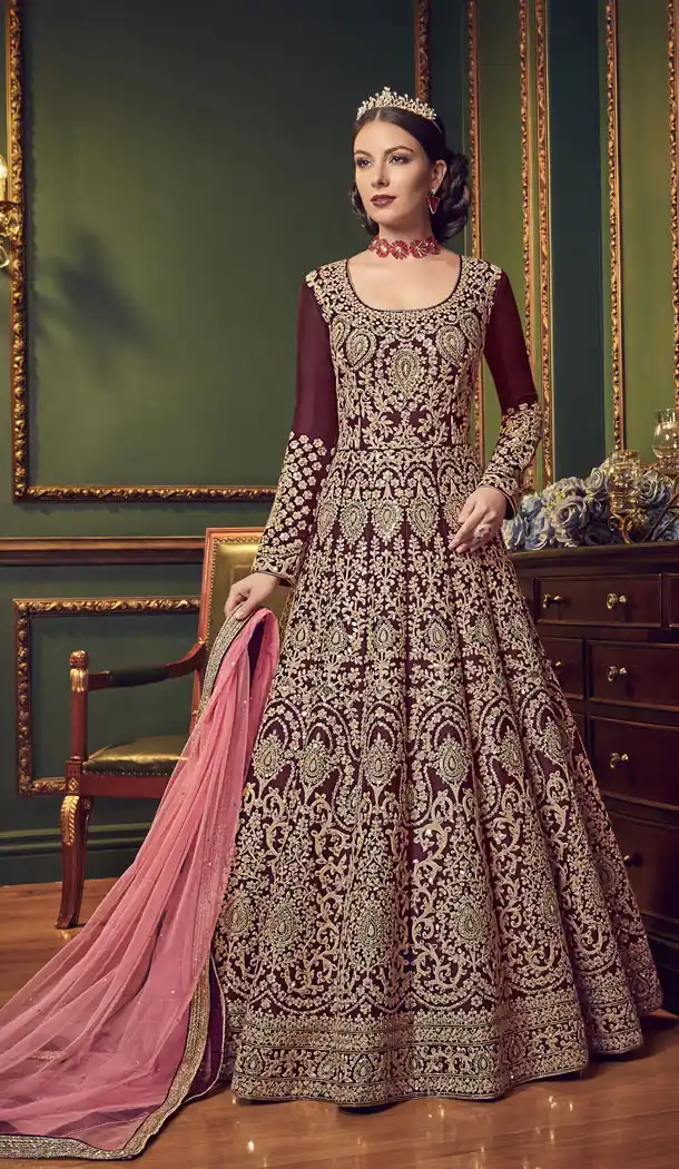 Purple Color Silk Designer Knee Length Salwar Kameez - 445654549