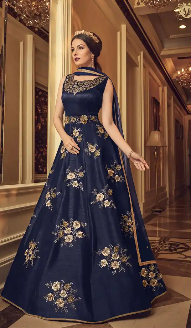 Navy Blue Color Premium Net Designer Knee Length Salwar Kameez - 445654553