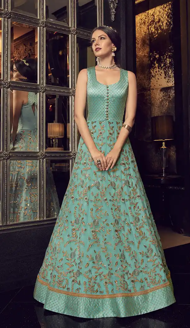 Aqua Green Color Tusser Silk Designer Salwar Kameez With Jacket - 445654555