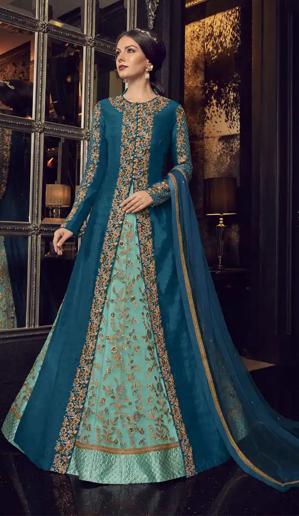 Aqua Green Color Tusser Silk Designer Salwar Kameez With Jacket - 445654555