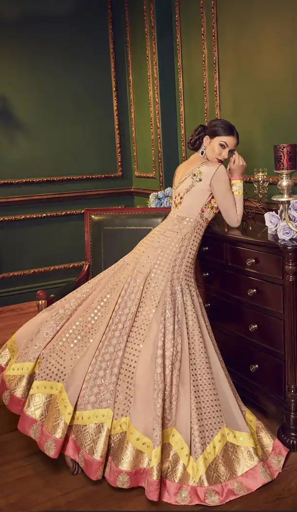 Cream Color Premium Net Designer Knee Length Salwar Kameez - 445654556