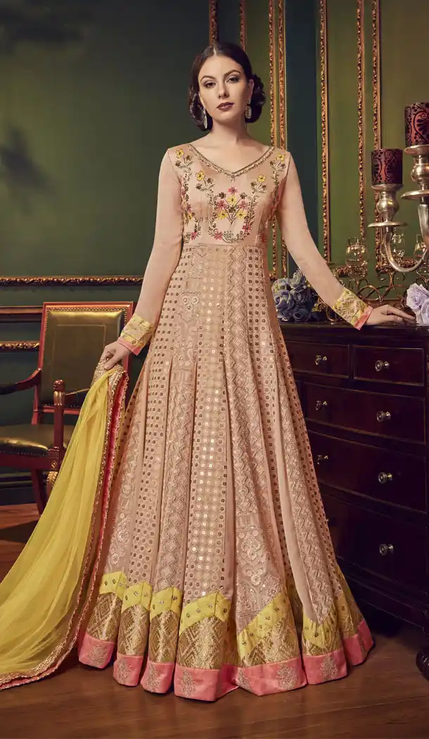 Cream Color Premium Net Designer Knee Length Salwar Kameez - 445654556