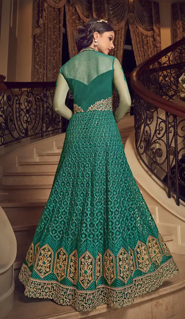 Sea Green Color Premium Net Designer Knee Length Salwar Kameez - 445654559