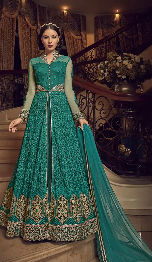 Sea Green Color Premium Net Designer Knee Length Salwar Kameez - 445654559