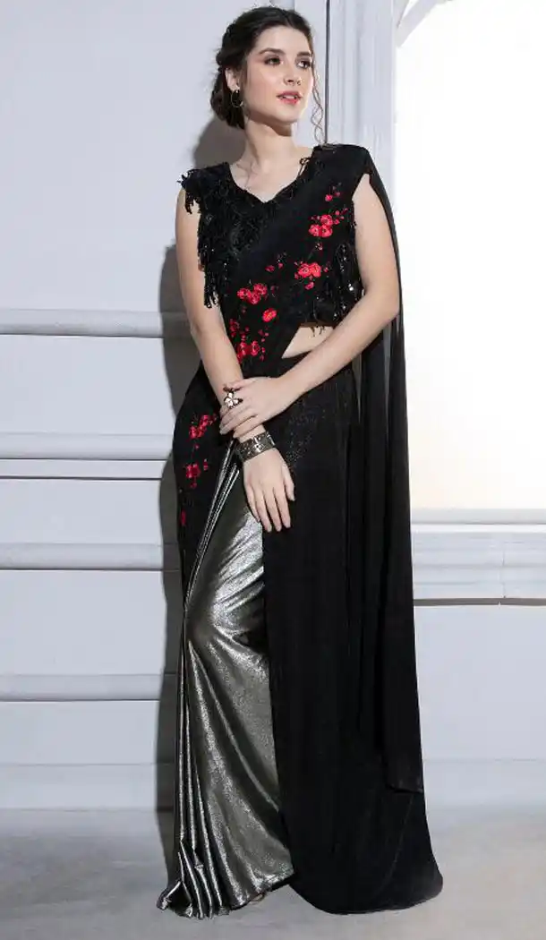 Black And Silver Color Fancy Designer Readymade Saree Blouse - 446254675
