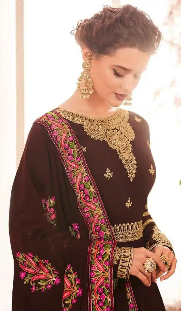 Brown Color Real Georgette Long Abaya Anarkali Salwar Kameez - 449855110
