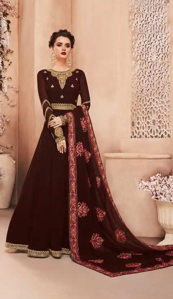 Brown Color Real Georgette Long Abaya Anarkali Salwar Kameez - 449855110