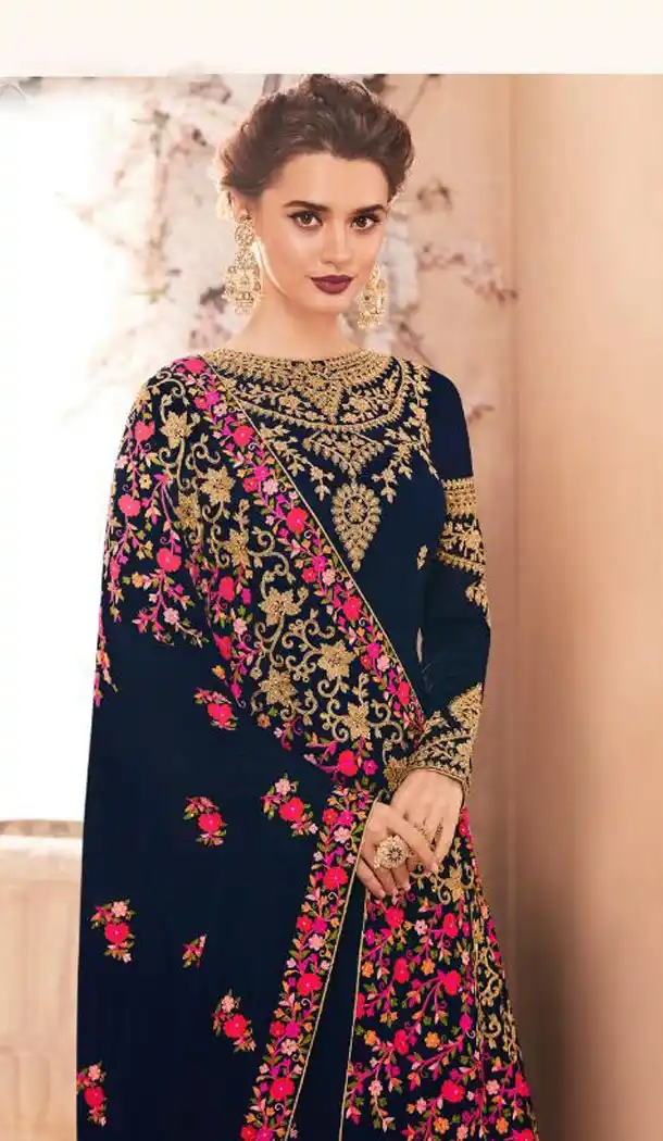 Dark Blue Color Real Georgette Long Abaya Anarkali Salwar Kameez - 449855111