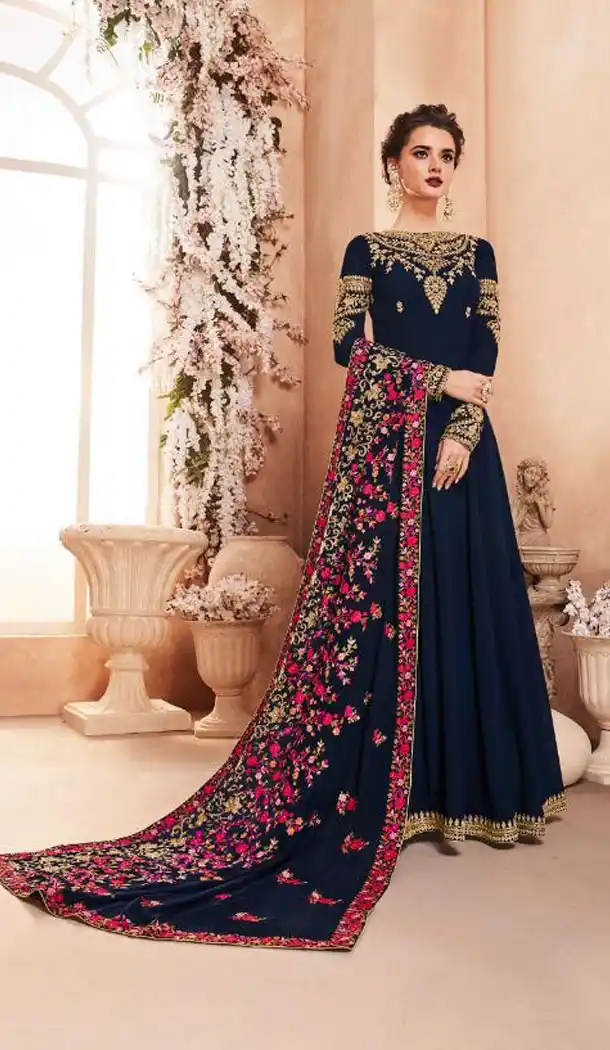 Dark Blue Color Real Georgette Long Abaya Anarkali Salwar Kameez - 449855111