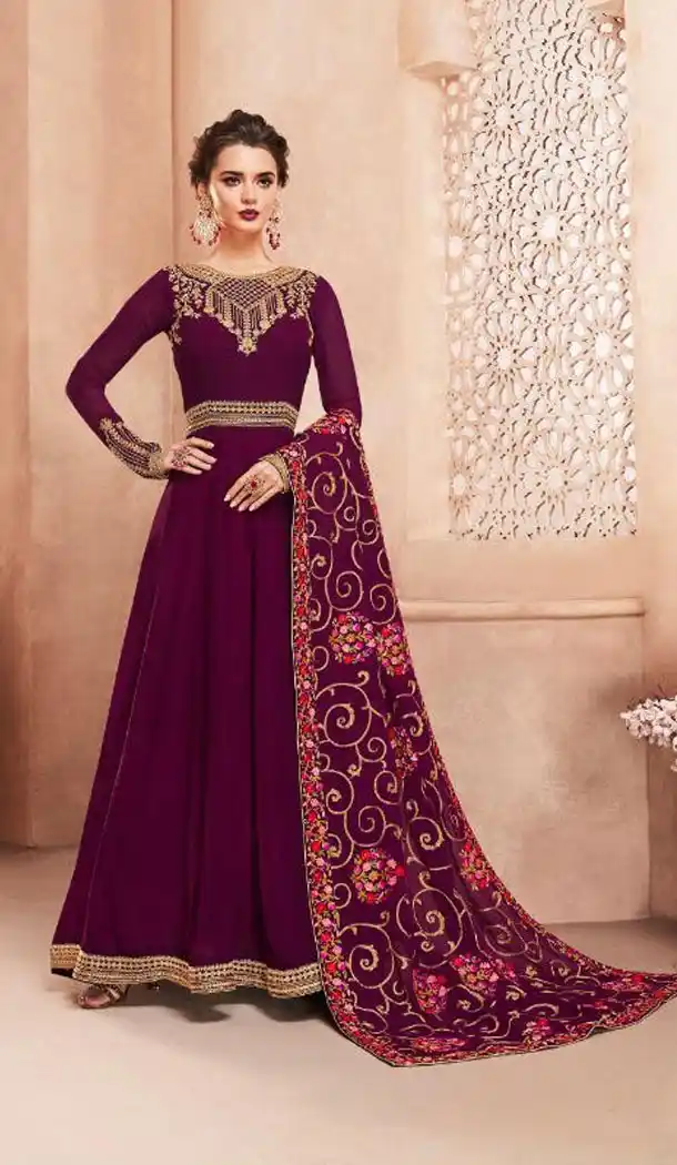 Purple Color Real Georgette Long Abaya Anarkali Salwar Kameez - 449855112