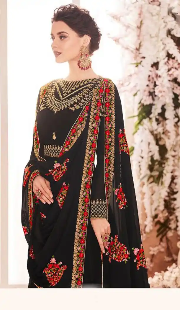 Black Color Real Georgette Long Abaya Anarkali Salwar Kameez - 449855113