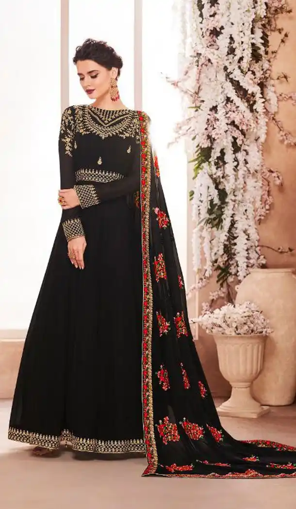 Black Color Real Georgette Long Abaya Anarkali Salwar Kameez - 449855113