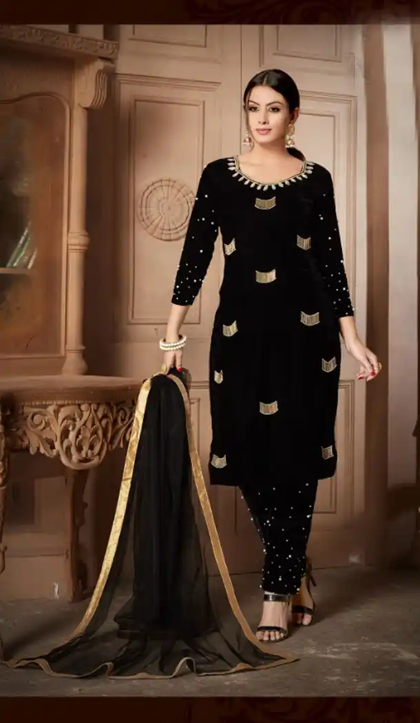Black Color Velvet Party Wear Style Salwar Kameez - 449955114
