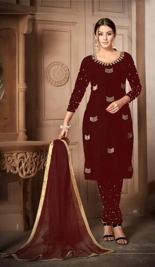 Maroon Color Velvet Party Wear Style Salwar Kameez - 449955115