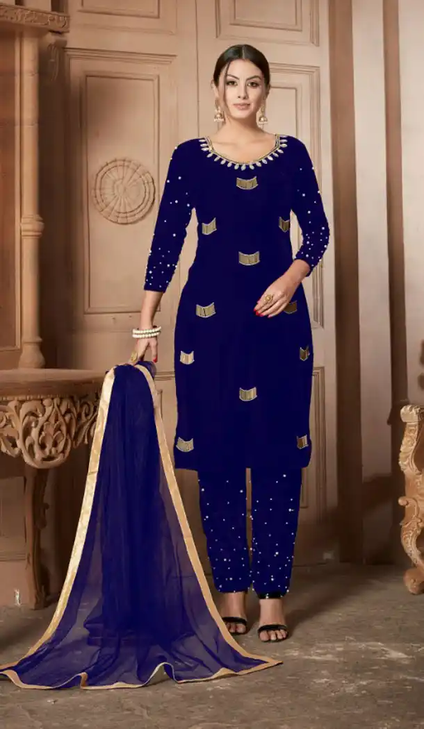 Navy Blue Color Velvet Party Wear Style Salwar Kameez - 449955116