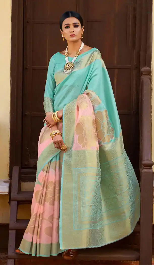 Sky And Pink Color Kansula Silk Designer Traditional Wear Saree With Blouse - 451055193