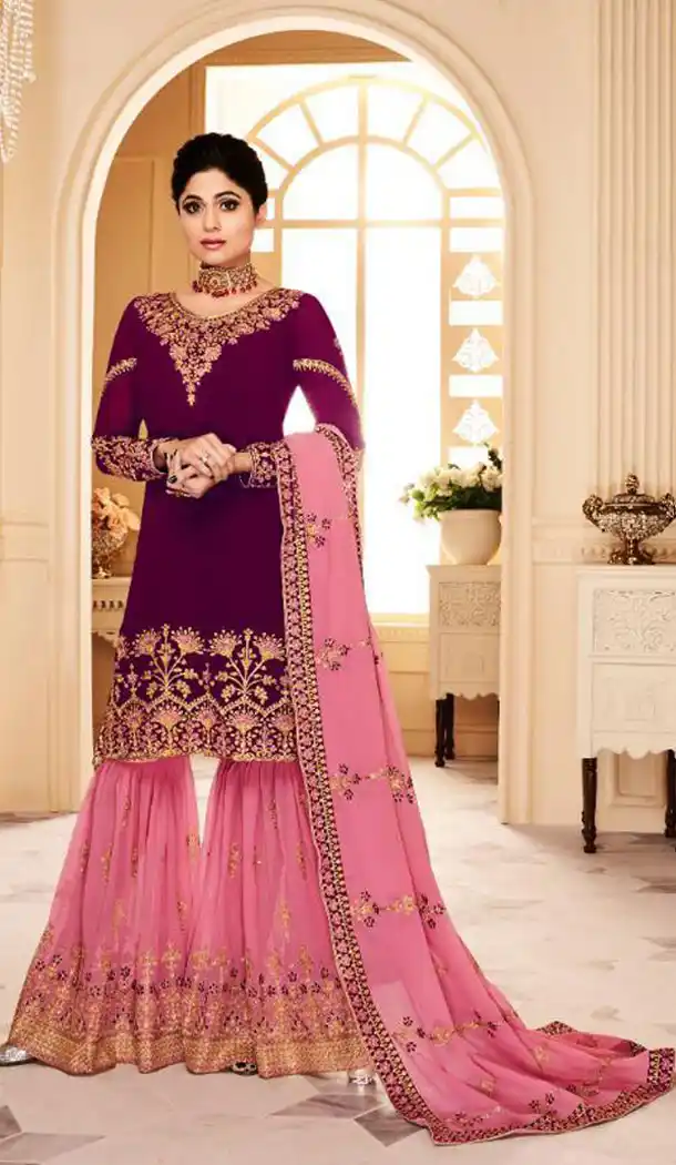 Shilpa Shetty Kundra Purple Color Georgette Sharara Suit - 451155204