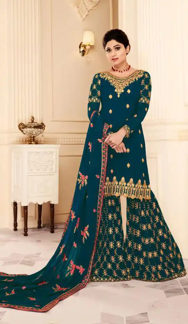 Shilpa Shetty Kundra Rama Green Color Georgette Sharara Suit - 451155205