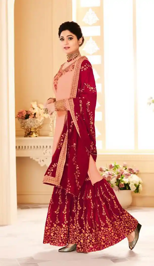 Shilpa Shetty Kundra Peach Color Georgette Sharara Suit - 451155206