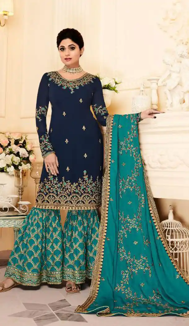 Shilpa Shetty Kundra Dark Blue Color Georgette Sharara Suit - 451155207