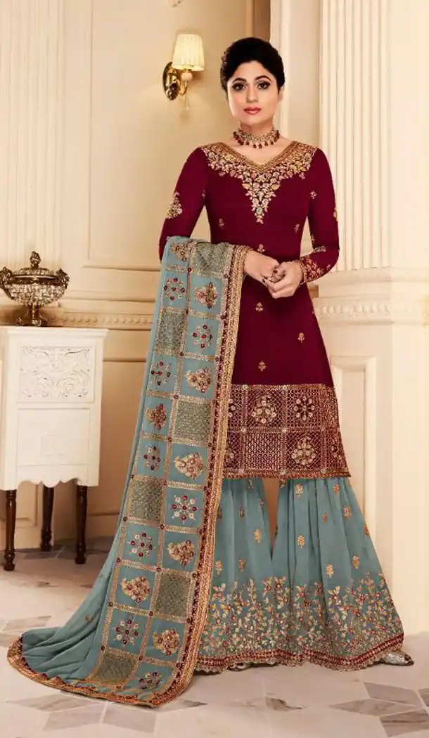 Shilpa Shetty Kundra Maroon Color Georgette Sharara Suit - 451155208