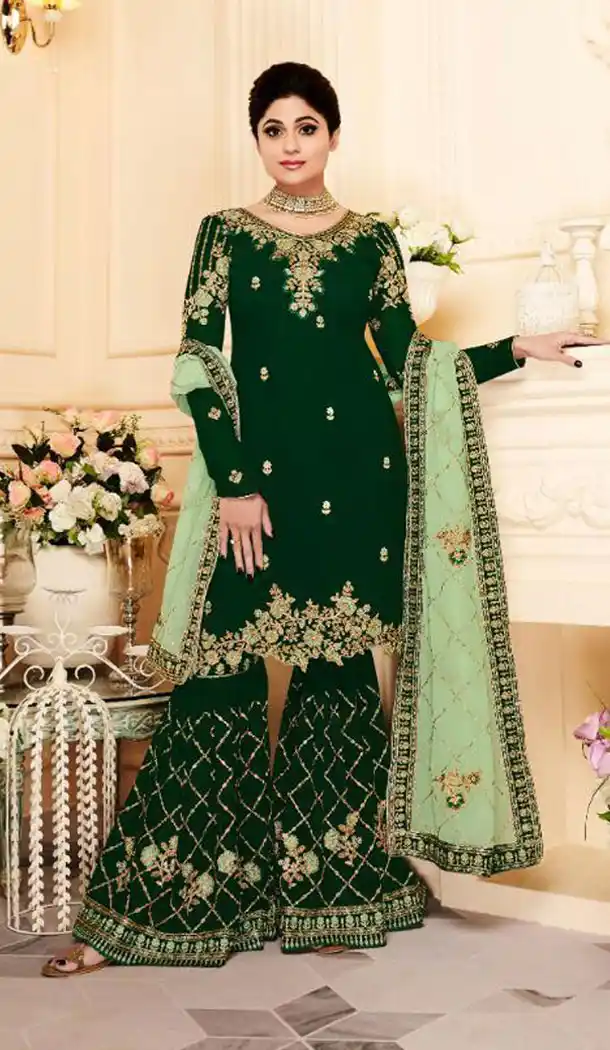 Shilpa Shetty Kundra Forest Green Color Georgette Sharara Suit - 451155209