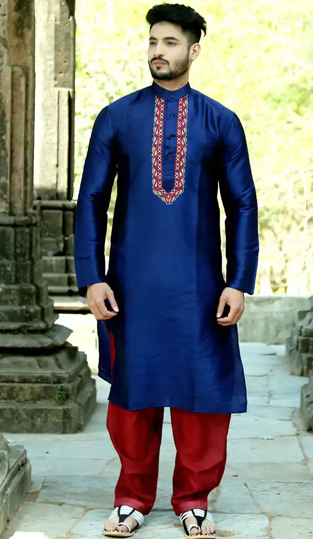 Blue Color Fancy Silk Eid Wear Readymade Men Kurta Payjama - 445854568