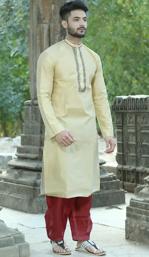 Light Chiku Color Silk Eid Wear Readymade Men Kurta Payjama