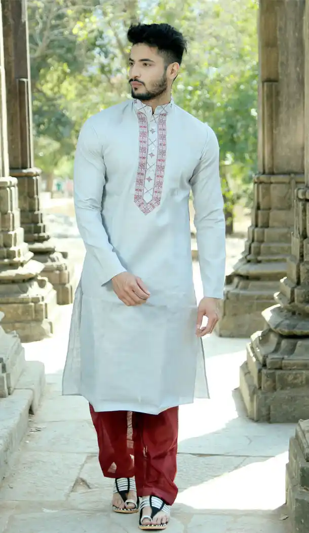 Light Gray Color Polyster Cotton Eid Wear Readymade Men Kurta Payjama - 445854570