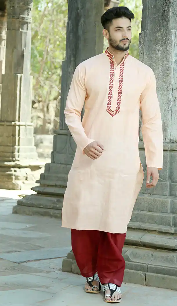 Light Orange Color Polyster Cotton Eid Wear Readymade Men Kurta Payjama - 445854572