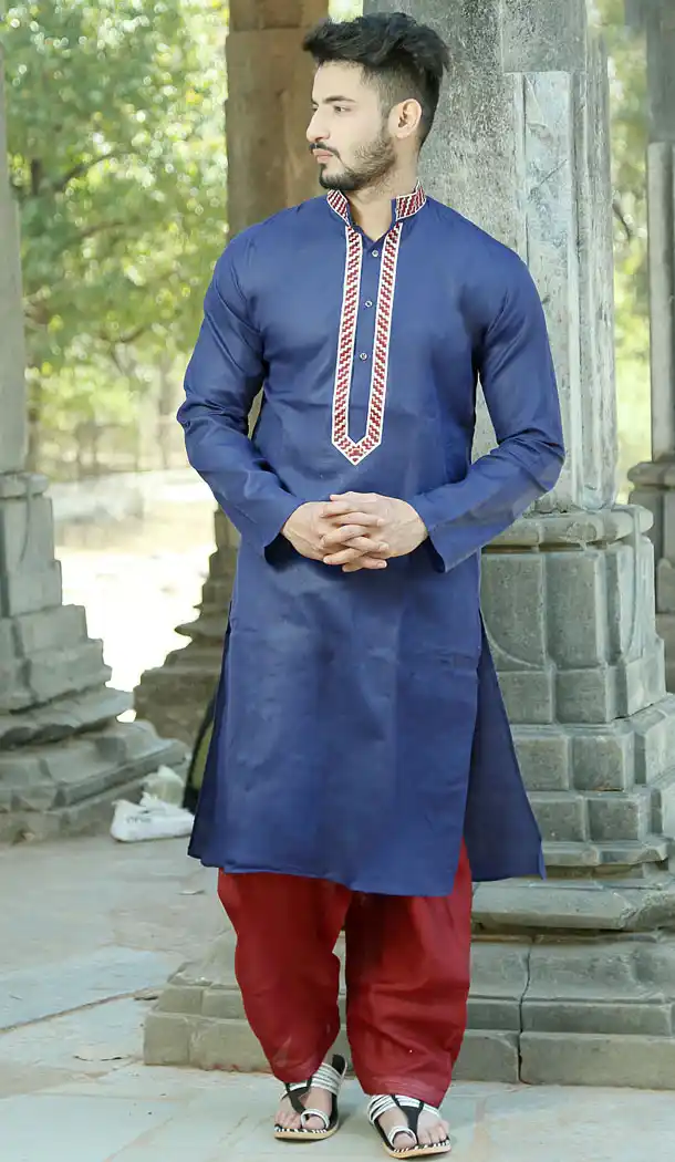 Blue Color Polyester Cotton Eid Wear Readymade Men Kurta Payjama - 445854573