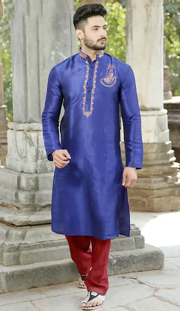 Blue Color Fancy Silk Eid Wear Readymade Men Kurta Payjama - 445854574
