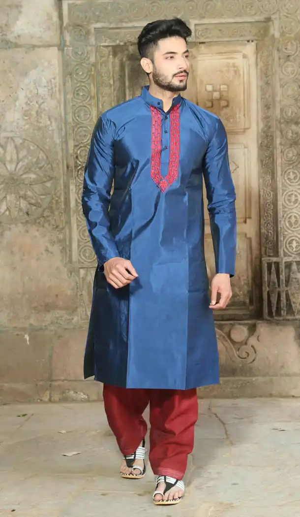 Blue Color Fancy Silk Eid Wear Readymade Men Kurta Payjama - 445854575