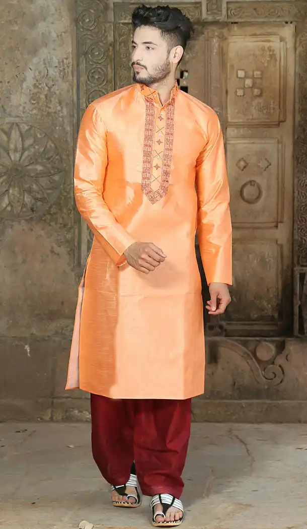 Orange Color Fancy Silk Eid Wear Readymade Men Kurta Payjama - 445854576