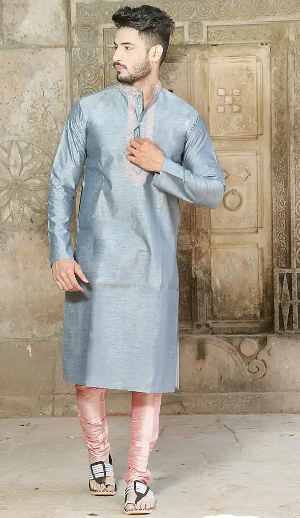 Gray Color Fancy Silk Eid Wear Readymade Men Kurta Payjama - 445854577