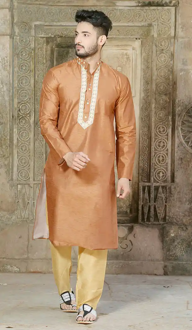 Brown Color Fancy Silk Eid Wear Readymade Men Kurta Payjama - 445854578