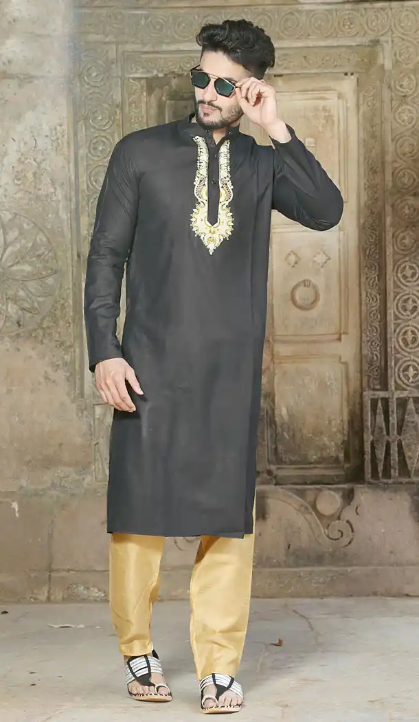 Black Color Polyster Cotton Eid Wear Readymade Men Kurta Payjama - 445854580
