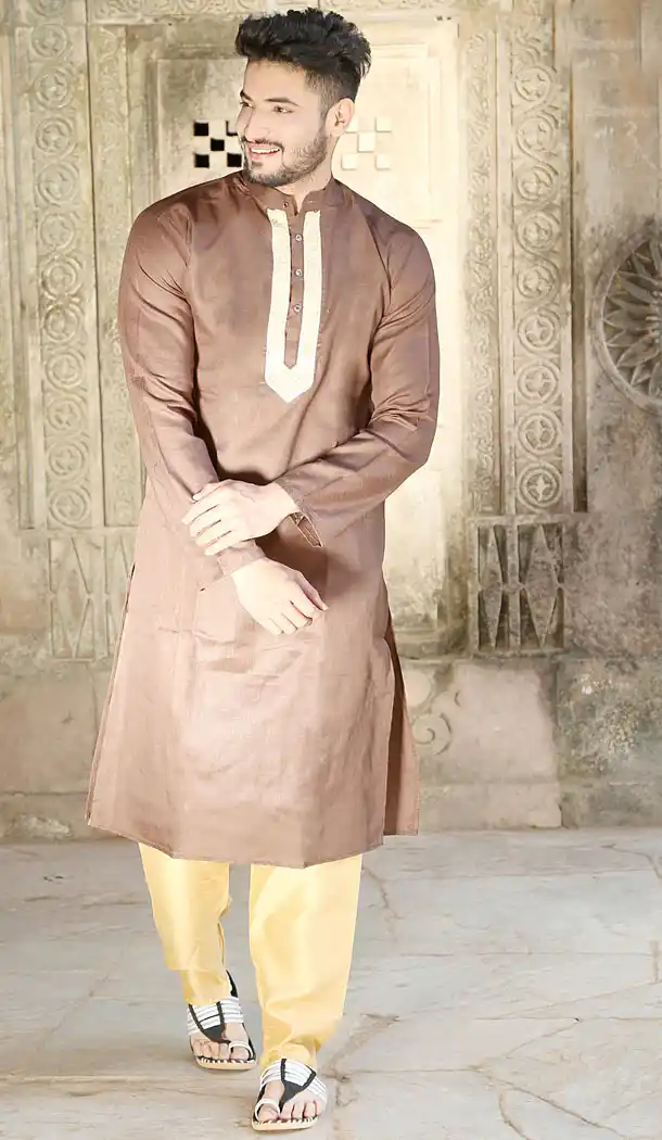 Coffee Color Fancy Silk Eid Wear Readymade Men Kurta Payjama - 445854582