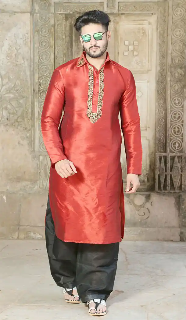 Red Color Fancy Silk Eid Wear Readymade Men Kurta Payjama - 445854583