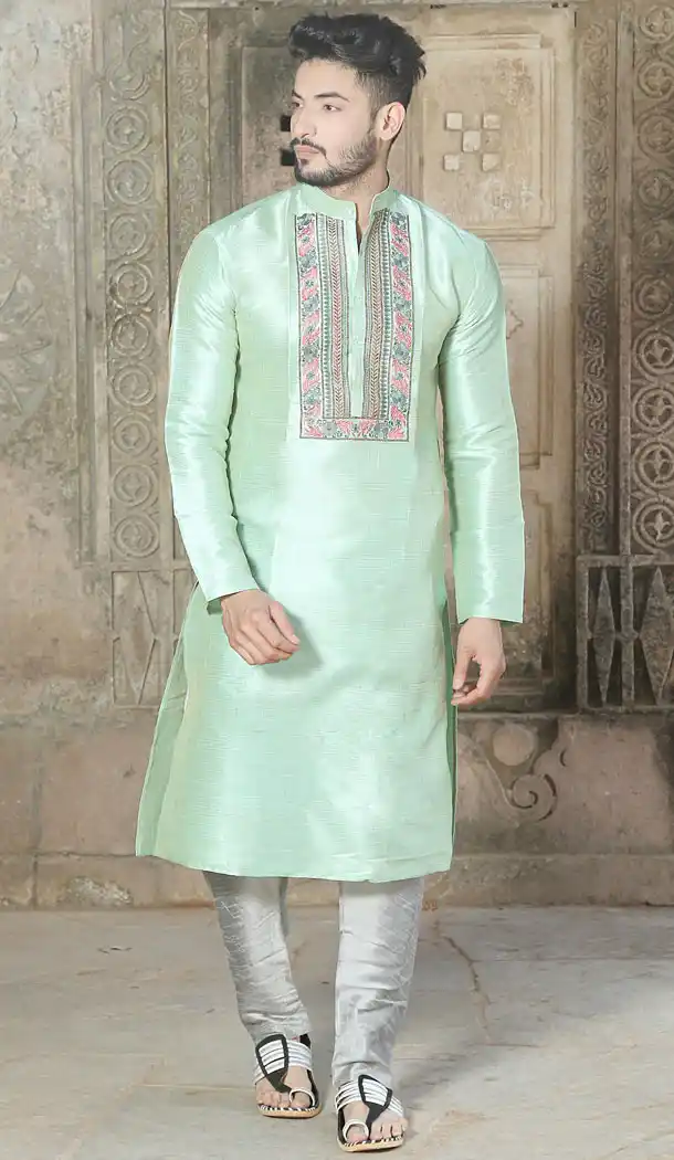 Light Green Color Fancy Silk Eid Wear Readymade Men Kurta Payjama - 445854584