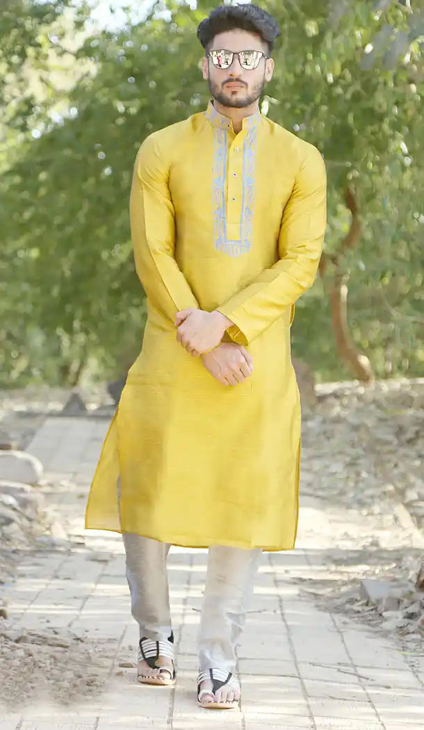 Yellow Color Fancy Silk Eid Wear Readymade Men Kurta Payjama - 445854585