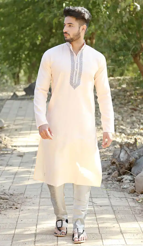Cream Color Polyster Cotton Eid Wear Readymade Men Kurta Payjama - 445854586