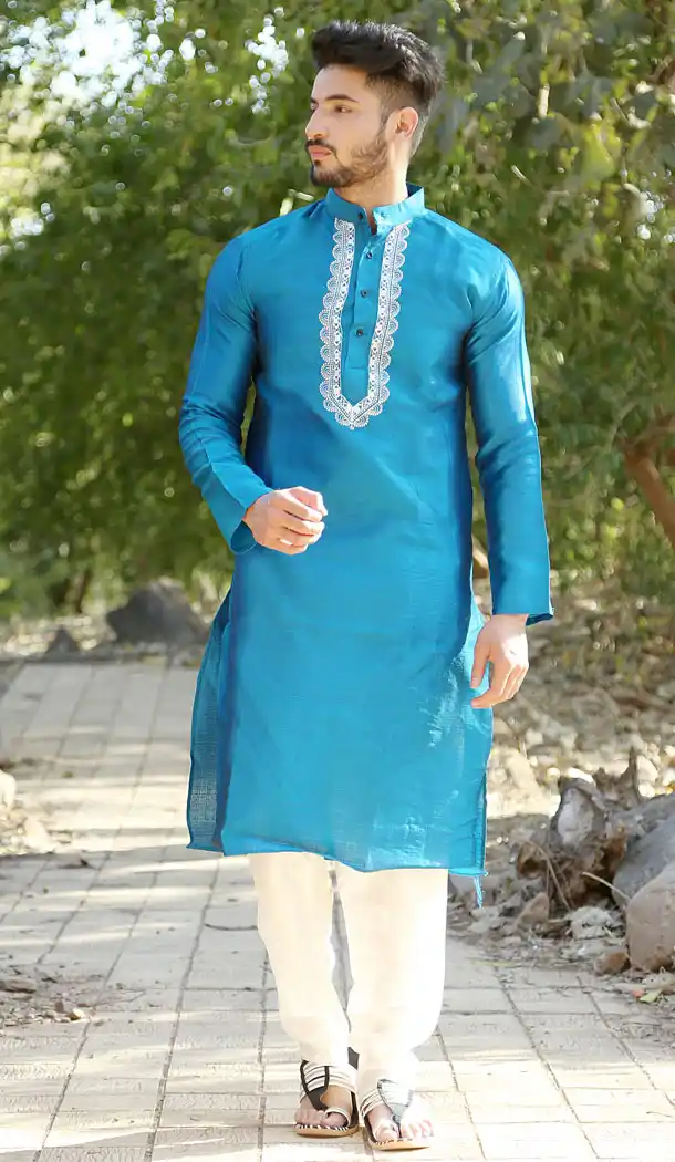 Rama Blue Color Fancy Silk Eid Wear Readymade Men Kurta Payjama - 445854588