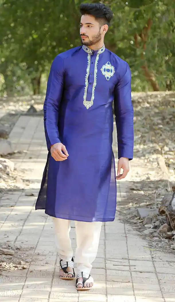 Blue Color Fancy Silk Eid Wear Readymade Men Kurta Payjama - 445854589