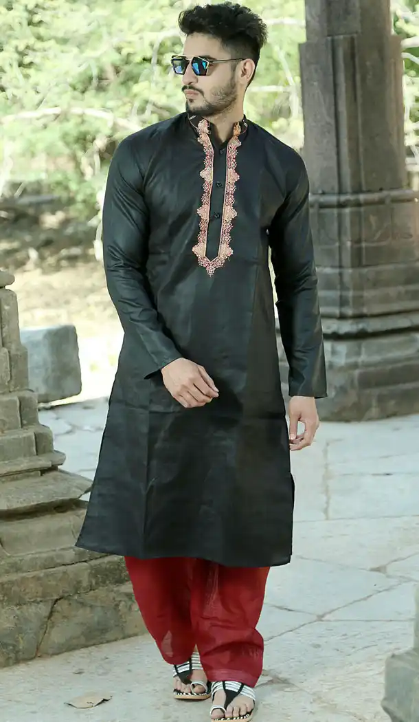 Black Color Polyester Cotton Eid Wear Readymade Men Kurta Payjama - 445854591