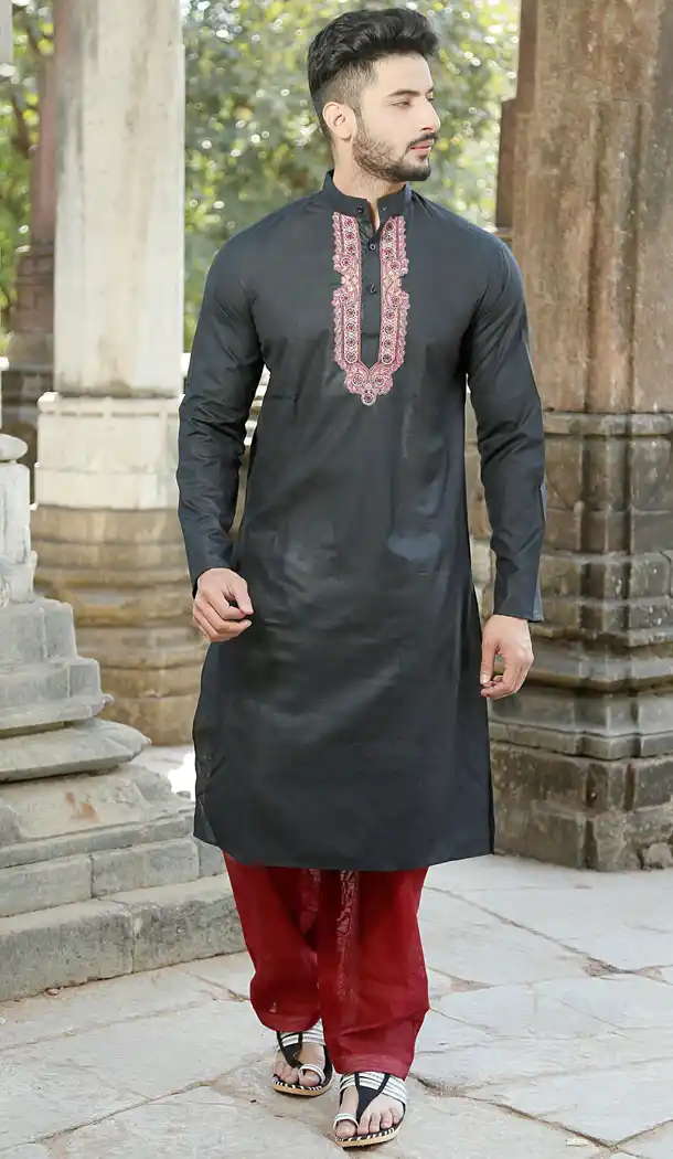 Black Color Polyester Cotton Eid Wear Readymade Men Kurta Payjama - 445854592
