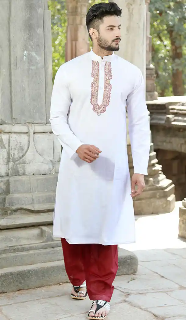 White Color Polyester Cotton Eid Wear Readymade Men Kurta Payjama - 445854593