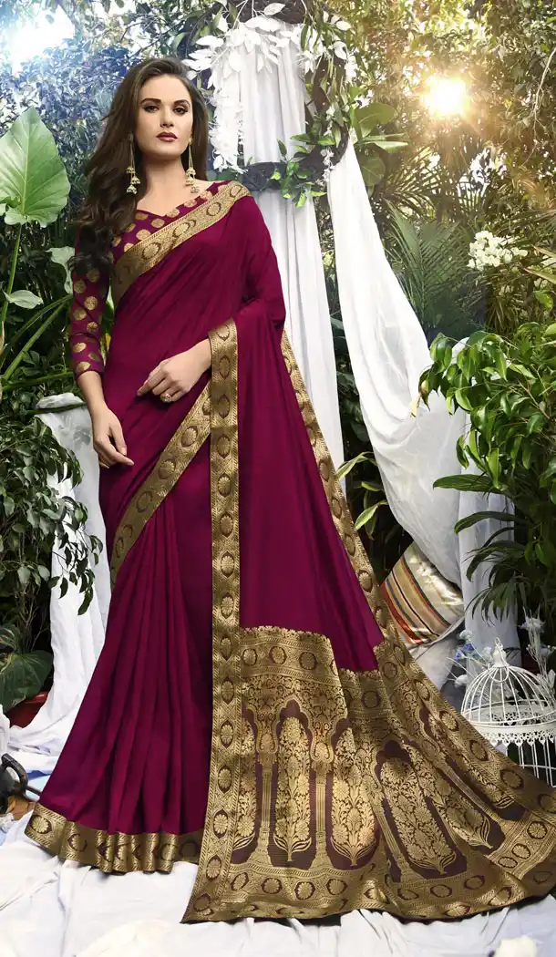 Red Violet Color Vichitra Silk Casual Party Wear Sarees With Blouse - 451355218
