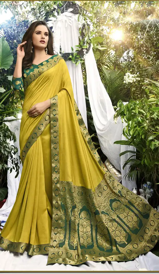 Yellow Color Vichitra Silk Casual Party Wear Sarees With Blouse - 451355219
