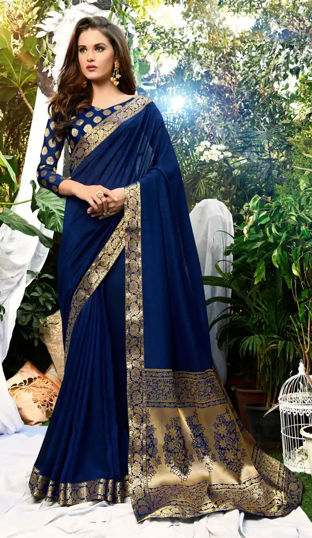 Navy Blue Color Vichitra Silk Casual Party Wear Sarees With Blouse - 451355220